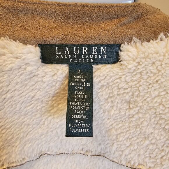 Lauren Ralph Lauren Tan Moto Jacket Faux Suede Sherpa Lined Womens Petite L PL - Picture 4 of 7